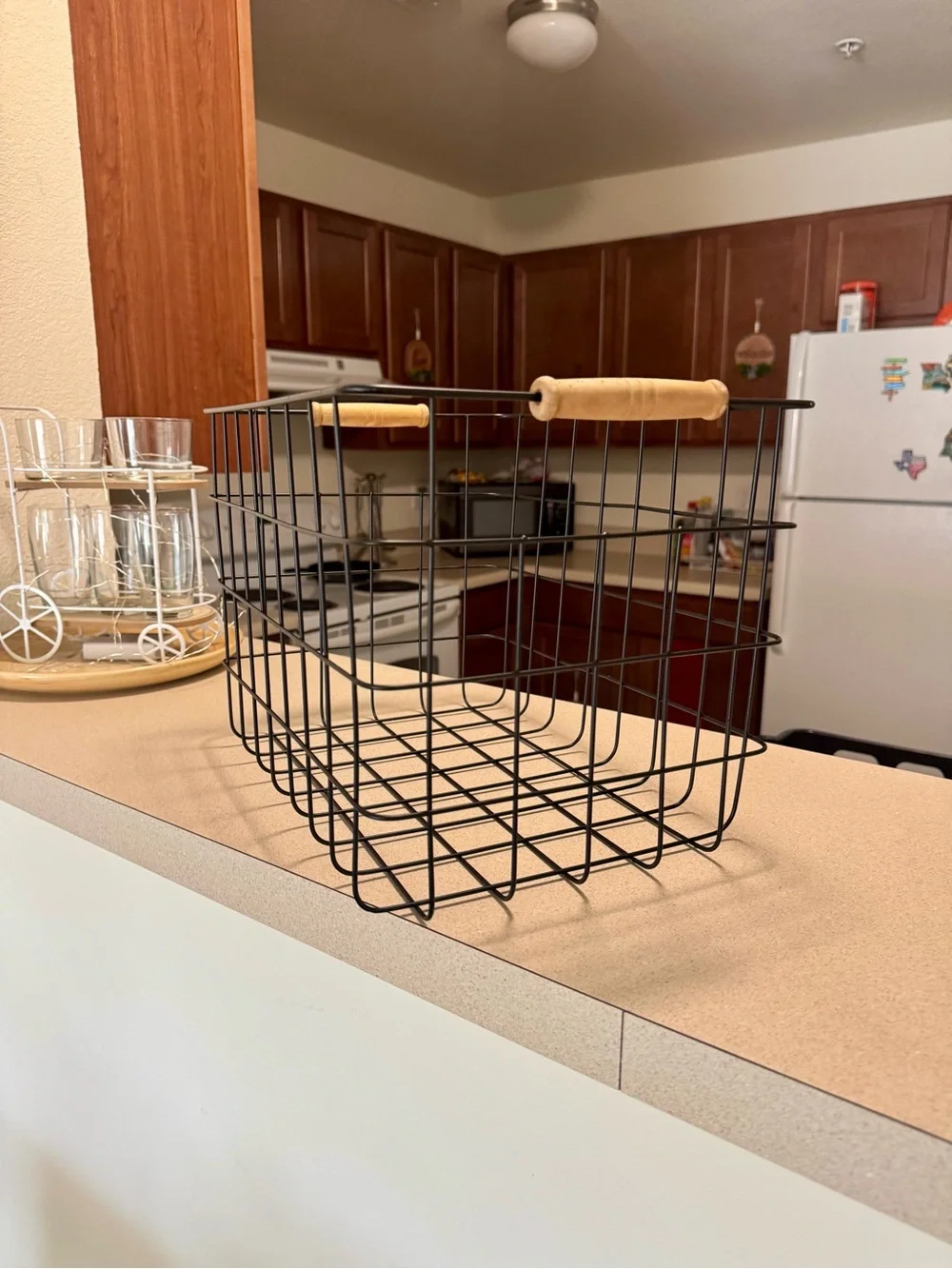 Modern Farmhouse Black Wire Storage Basket with Wooden Handle - Home Accents